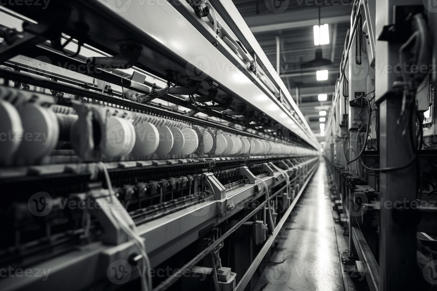 Modern textile factory with automated looms weaving patterns photo