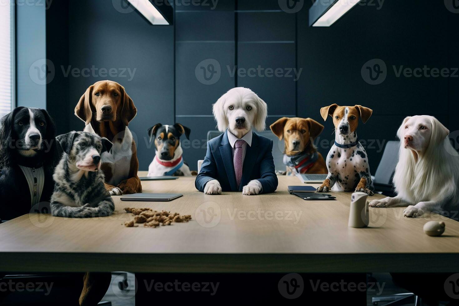 Canine Corporate Coup - Comedic Dogs Commanding a Business Meet AI Generative photo