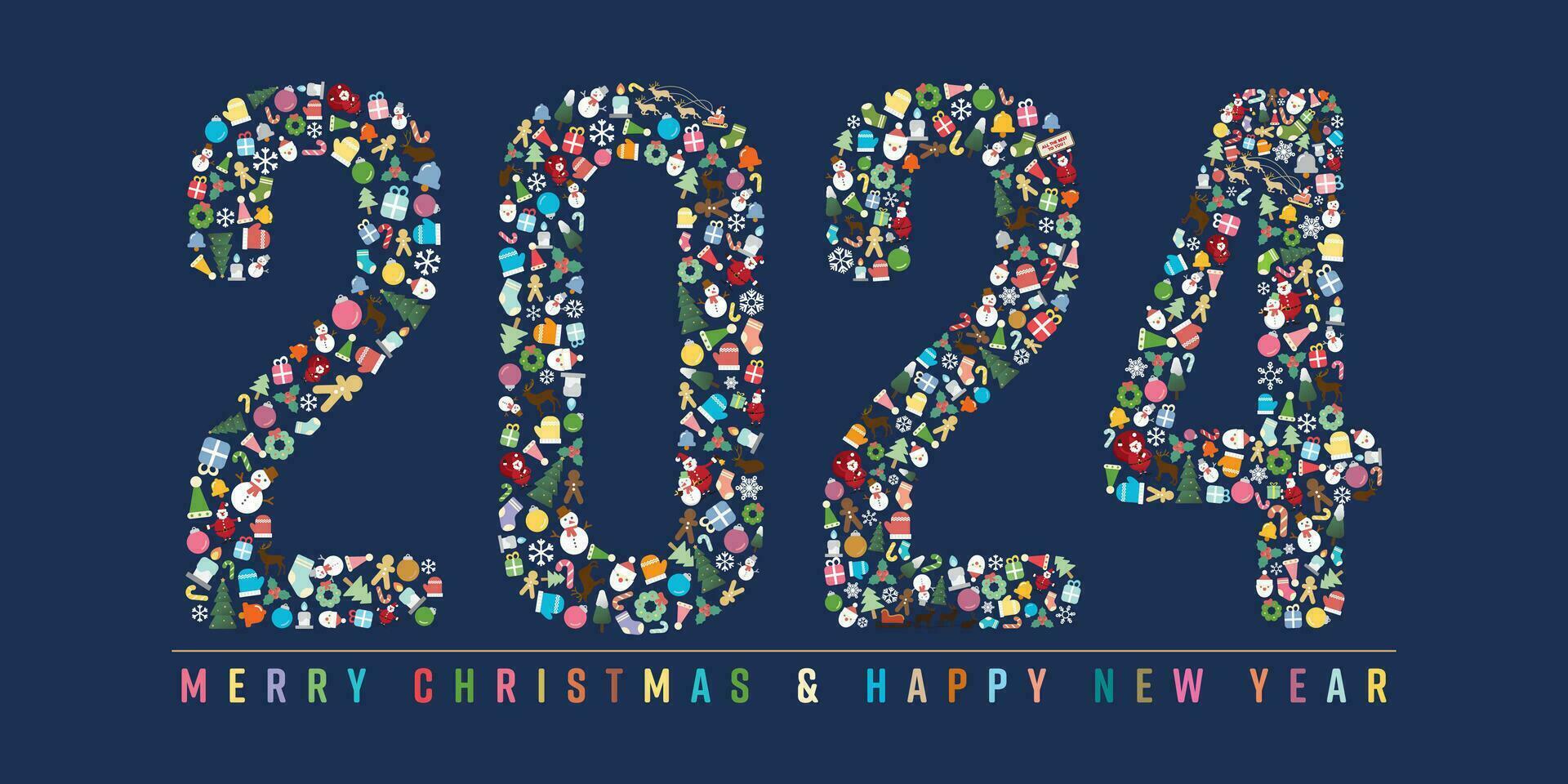 Christmas elements as 2024 on blue background flat design vector illustration. Merry Christmas and Happy New Year greeting card.