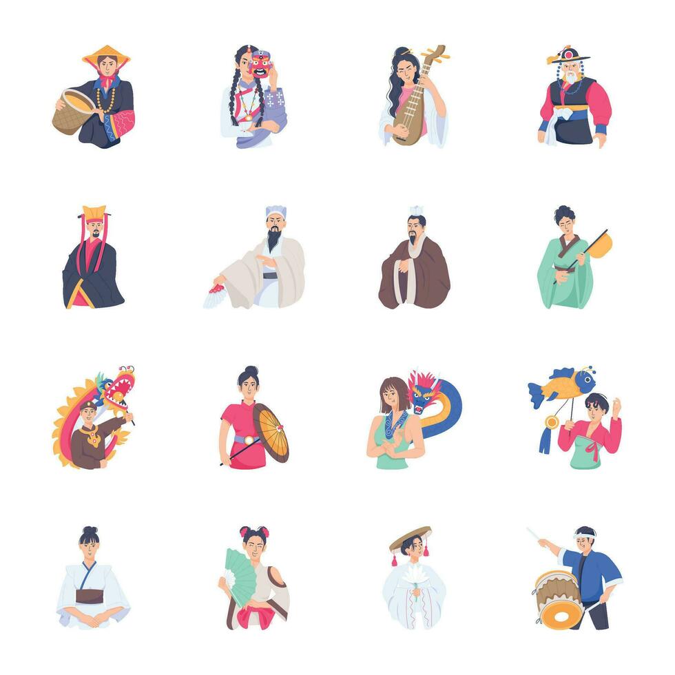 Set of 16 Flat Chinese Character Illustrations vector