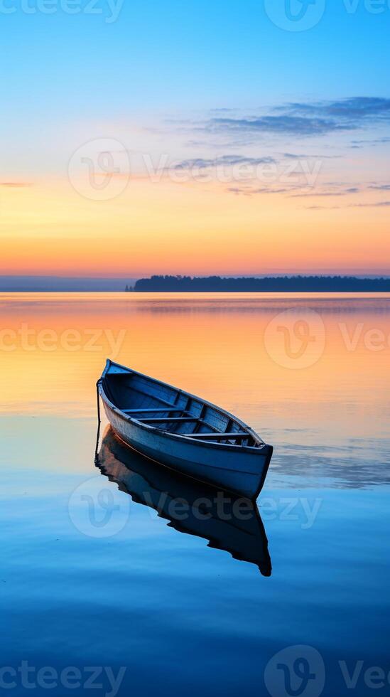 Peaceful dawn over a calm lake with a solitary rowing boat in the distance photo