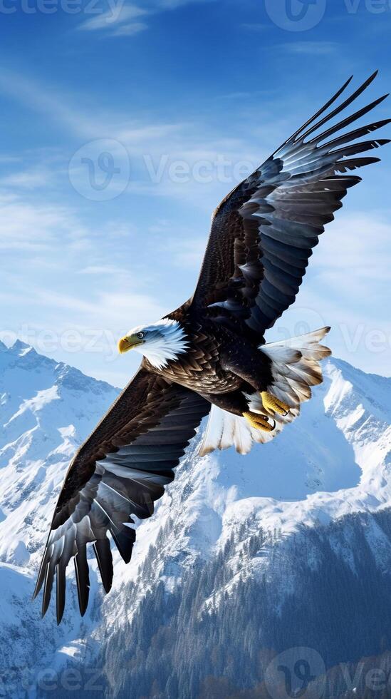 Majestic eagle soaring above a pristine, snow-capped mountain range under a blue sky AI Generative photo