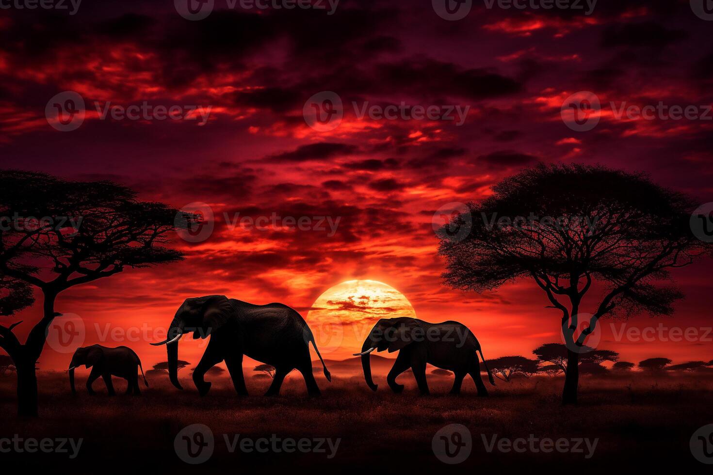 Stunning African safari scene at sunset with elephants, giraffes, and zebras under a fiery sky photo