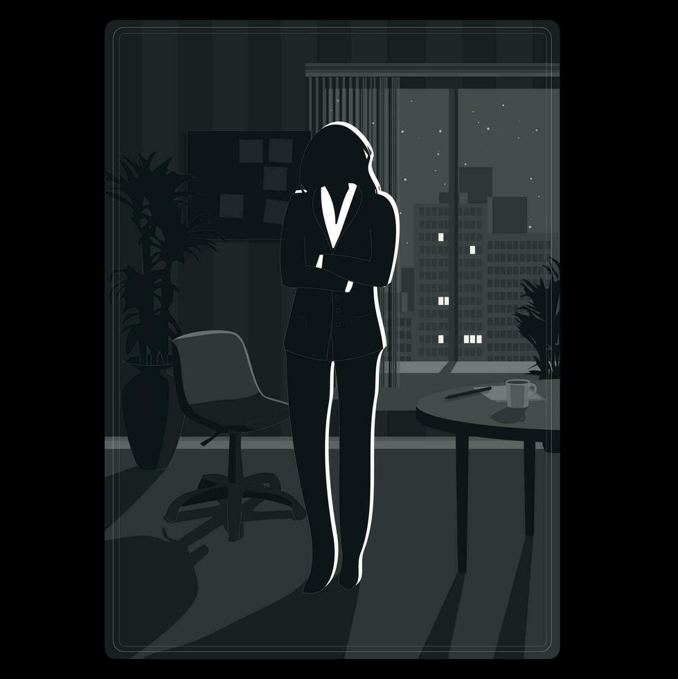 Dark illustration of a woman in the office. Civil worker silhouette card vector