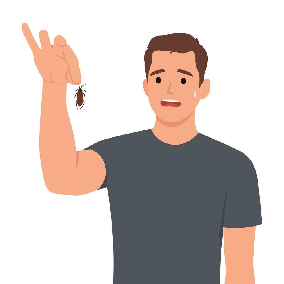 joven loco barbado y expresivo hombre participación un insecto o cucaracha con el dedos. vector