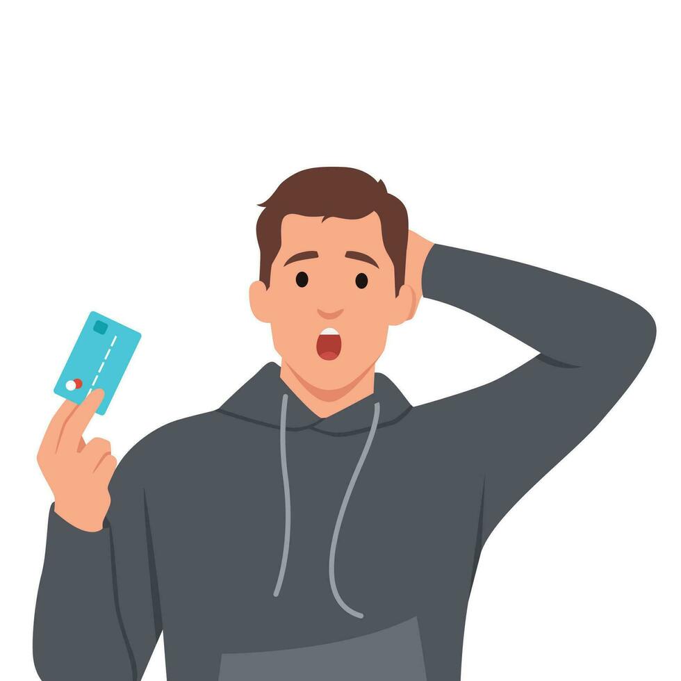 Young man holding credit card stressed with hand on head, shocked with shame and surprise face. vector