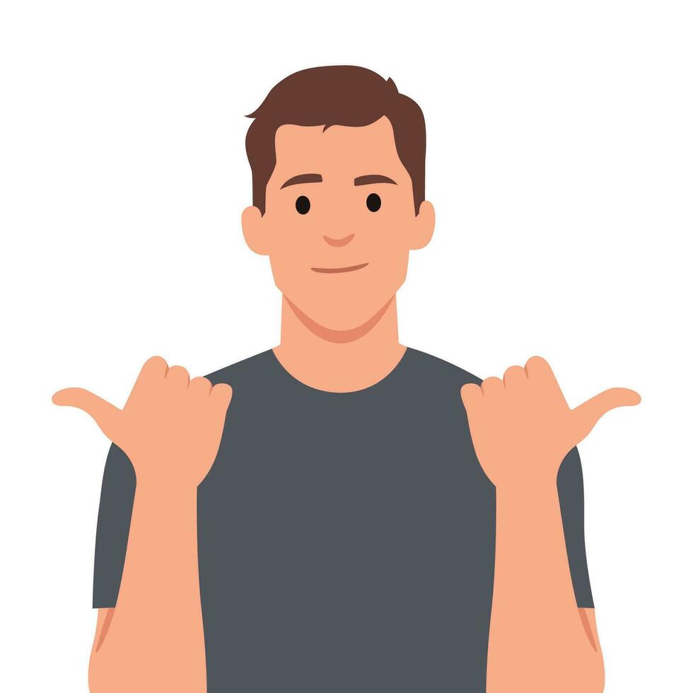Young man smiling joyfully and looking happy, feeling carefree and positive with both thumbs up. vector