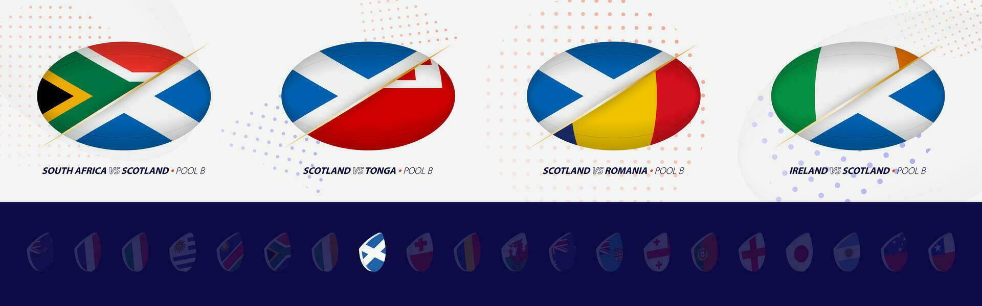 Rugby competition icons of Scotland rugby national team, all four matches icon in pool. vector