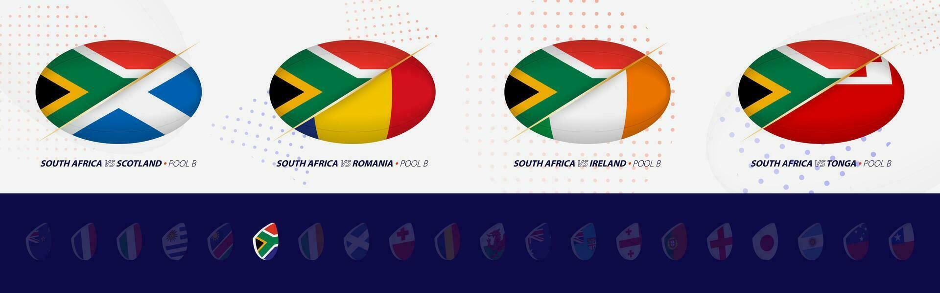 Rugby competition icons of South Africa rugby national team, all four matches icon in pool. vector