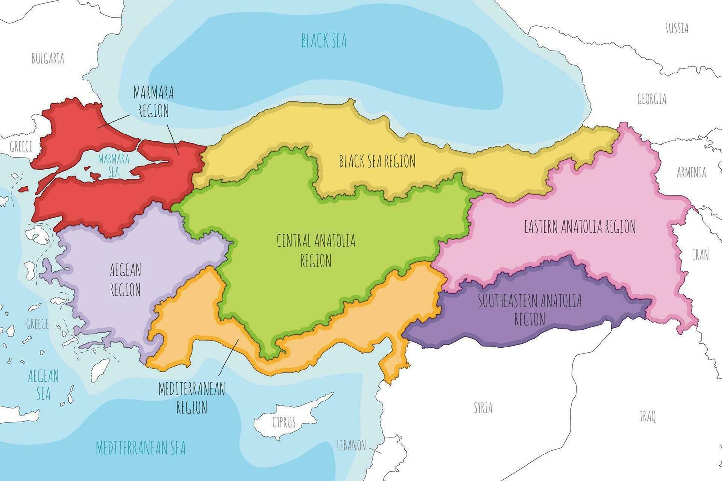 vector ilustrado mapa de Turquía con regiones y geográfico divisiones, y vecino países. editable y claramente etiquetado capas.