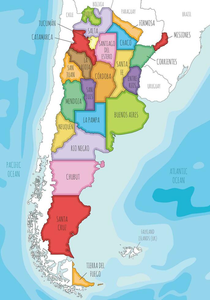 vector ilustrado mapa de argentina con provincias o federado estados y administrativo divisiones, y vecino países y territorios. editable y claramente etiquetado capas.