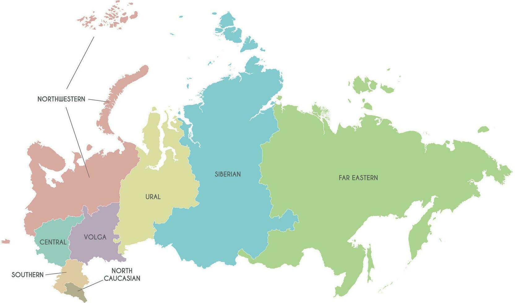 Vector map of Russia with regions or or federal districts and administrative divisions. Editable and clearly labeled layers.