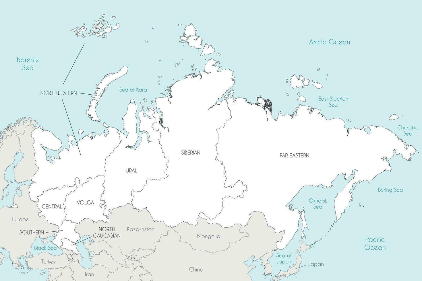 vector mapa de Rusia con regiones o federal distritos y administrativo divisiones, y vecino países. editable y claramente etiquetado capas.