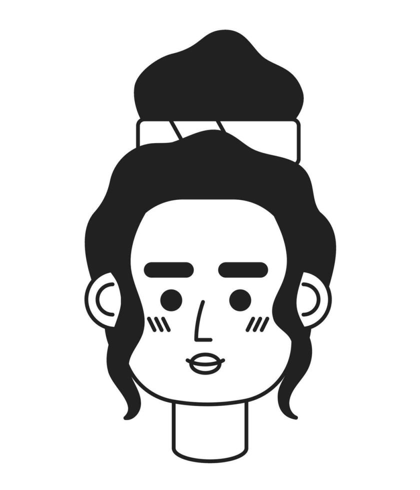 African american girl monochrome flat linear character head. Trendy bun hairstyle. Editable outline hand drawn human face icon. 2D cartoon spot vector avatar illustration for animation