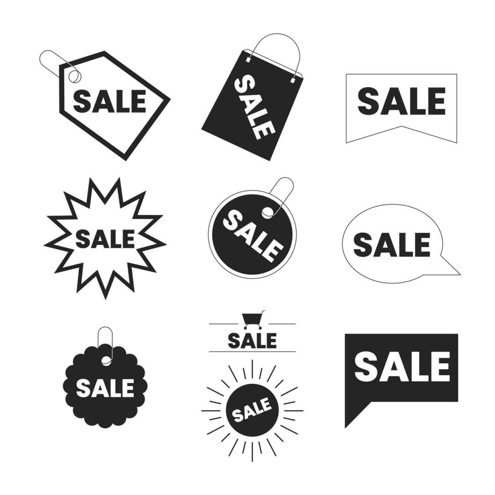 Special promotions black and white 2D line cartoon price tags bundle. Announcement isolated vector outline stickers sale holiday. Monochromatic flat spot illustration set, retail promotion labels