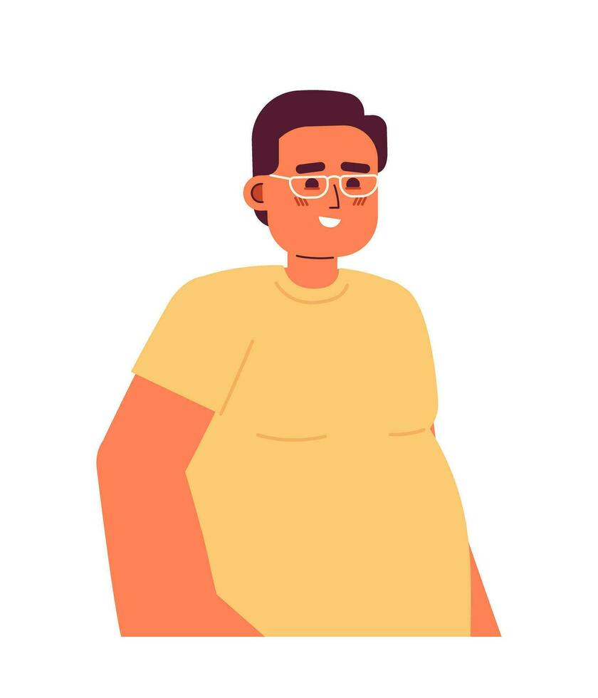 Overweight man eyeglasses happy 2D cartoon character. Caucasian adult plus size male smiling isolated vector person white background. Good mood. Body positive guy eyewear color flat spot illustration