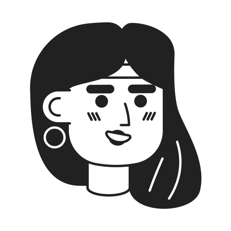 alegre joven niña monocromo plano lineal personaje cabeza. bonito mujer con accesorio en cabello. editable contorno mano dibujado humano cara icono. 2d dibujos animados Mancha vector avatar ilustración para animación