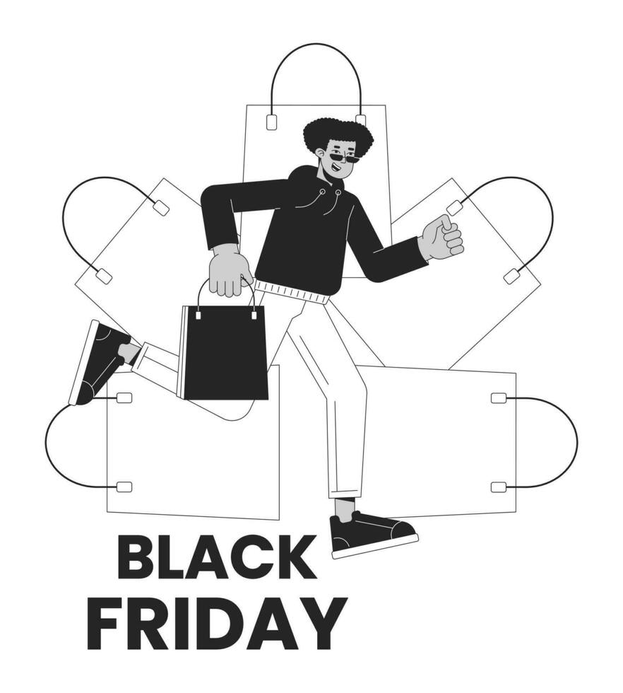 Black friday shopping bags retail black and white 2D illustration concept. Shopper male holding boutique bag cartoon outline character isolated on white. Weekend sale metaphor monochrome vector art