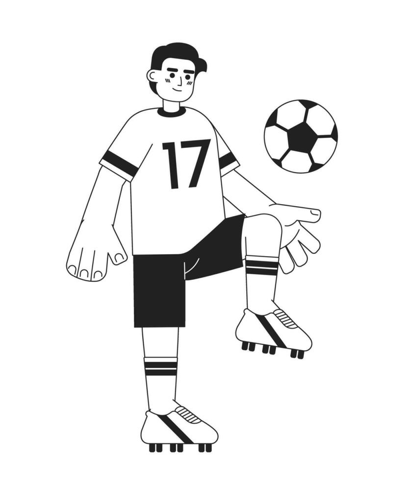 Talented football player monochromatic flat vector character. Man kicking ball with knee. Team game. Editable thin line full body person on white. Simple bw cartoon spot image for web graphic design
