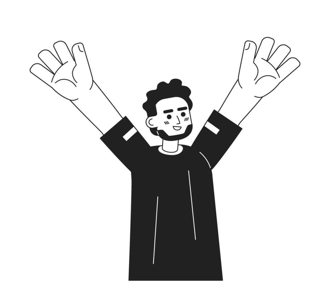 Happy indian man raising hand monochromatic flat vector character. Positive emotions. Winning. Editable thin line half body person on white. Simple bw cartoon spot image for web graphic design