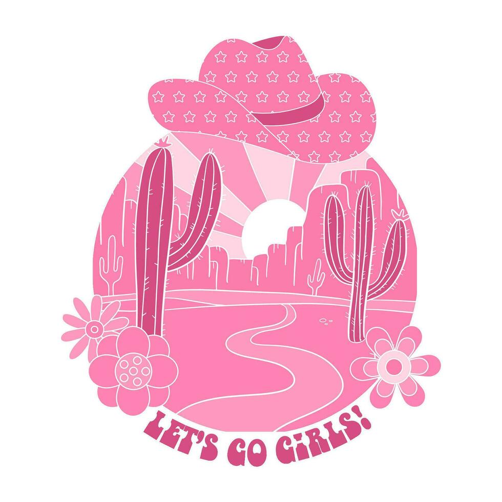 Clásico vaqueras Desierto emblema con cactus paisaje y cowbow sombrero. rosado diseño de salvaje lado vale la pena texto - dejar s Vamos muchacha. vaquera redondo concepto en retro suave occidental estilo. vector ilustración.