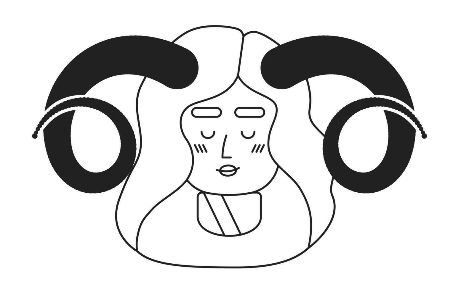 atractivo mujer con retorcido cuernos monocromo plano lineal personaje cabeza. Aries zodíaco muchacha. editable contorno mano dibujado humano cara icono. 2d dibujos animados Mancha vector avatar ilustración para animación