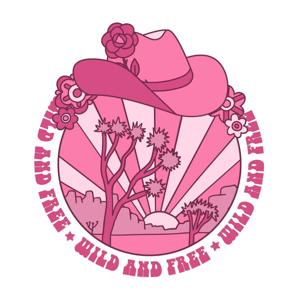 Pink Cowgirl hat scene over a desert joshua tree in the background. Wild West Artwork design, vector illustration for T-shirt design, printing, poster, wild west style, American western.