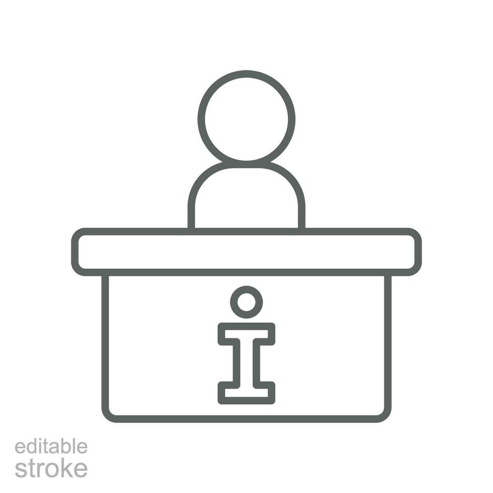 Stand desk information icon, counter, reception, trade, service, outline style. Reception desk, info support  service. Editable stroke pictogram.Vector illustration. Design on white background. EPS 10 vector
