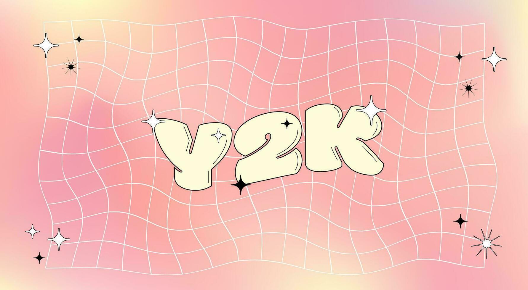 Retro y2k card with word, sparkles and bling on a vivid gradient mesh background with distorted grid. vector