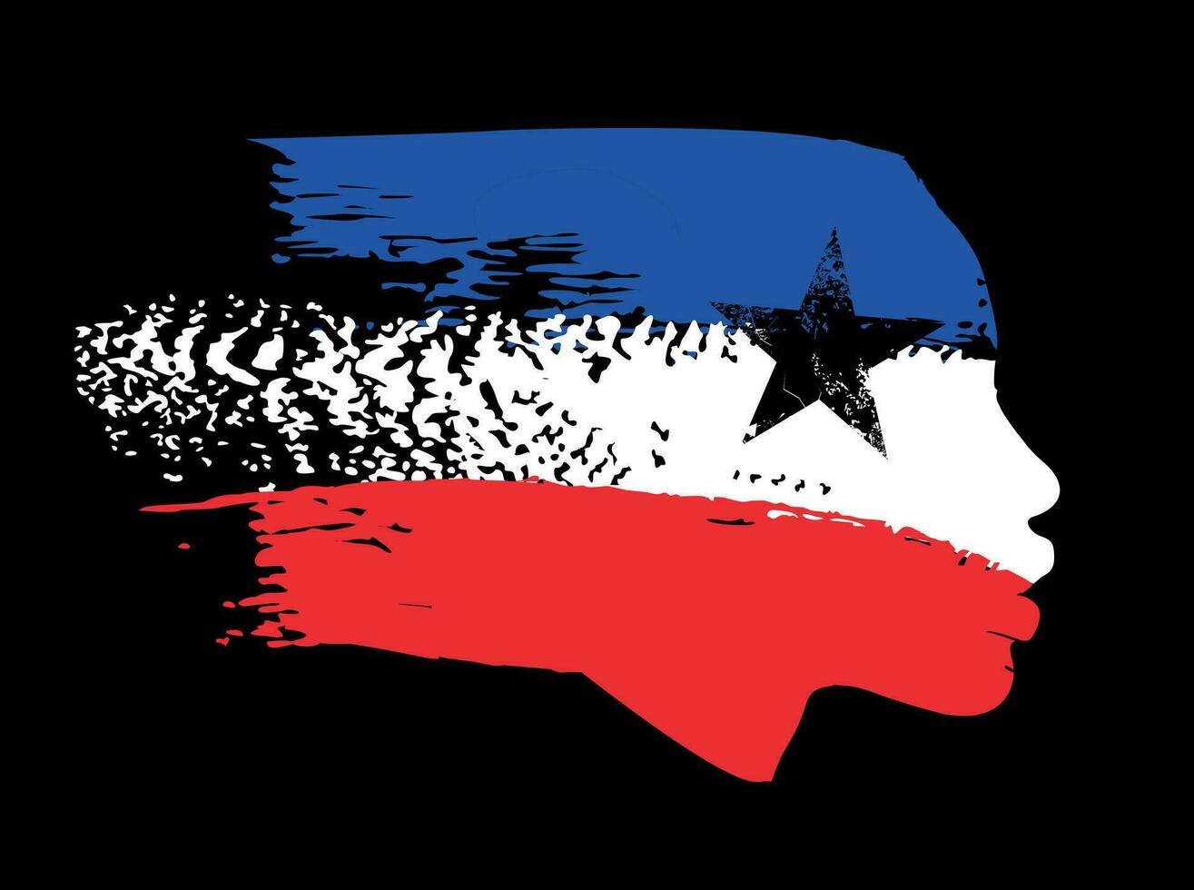 T-shirt design featuring the face of an African descent woman in profile with the colors of blue, white and red isolated on black. French flag. Vector illustration for black history month.