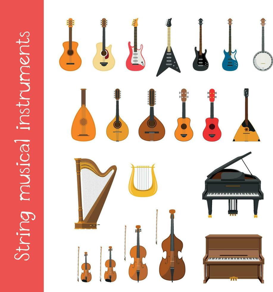 Vector illustration set of string musical instruments in cartoon style isolated on white background