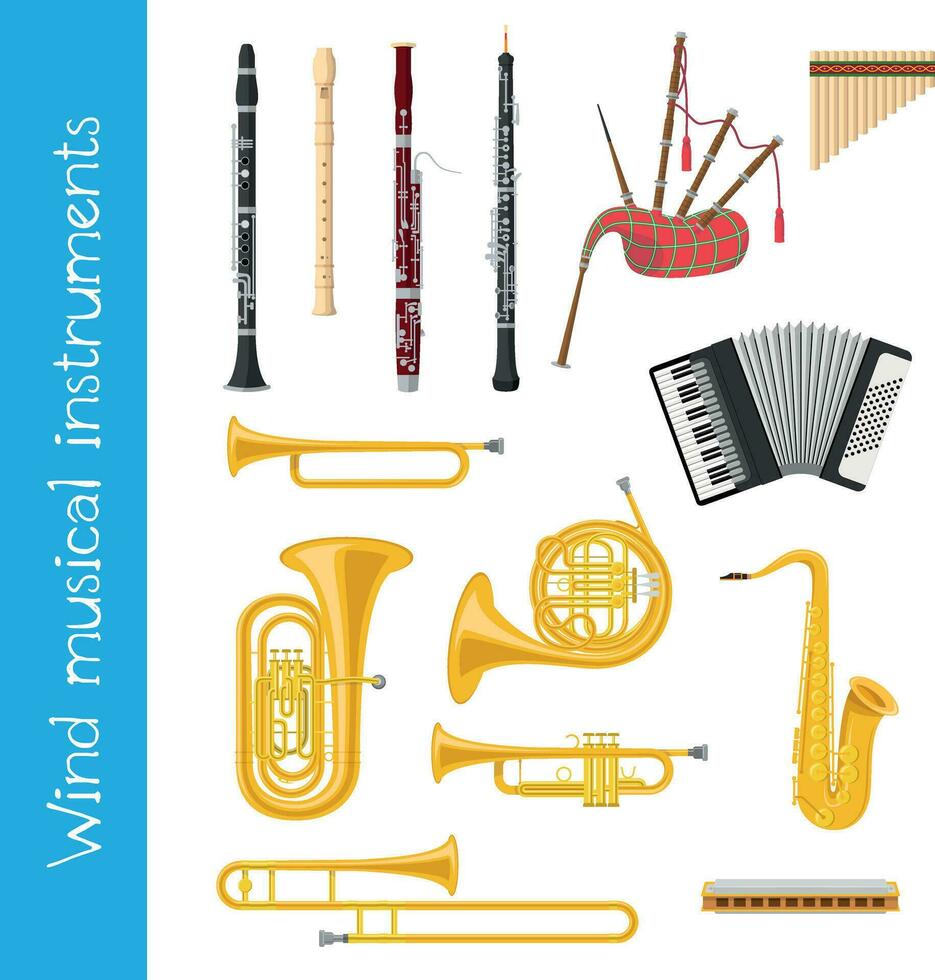 Vector illustration set of wind musical instruments in cartoon style isolated on white background