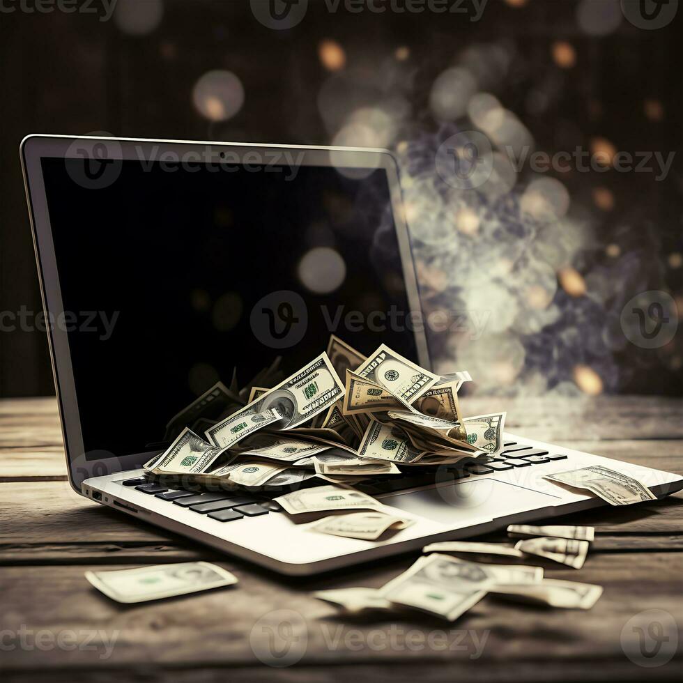 A man working laptop With a Hand dollar with many stacks of money photo