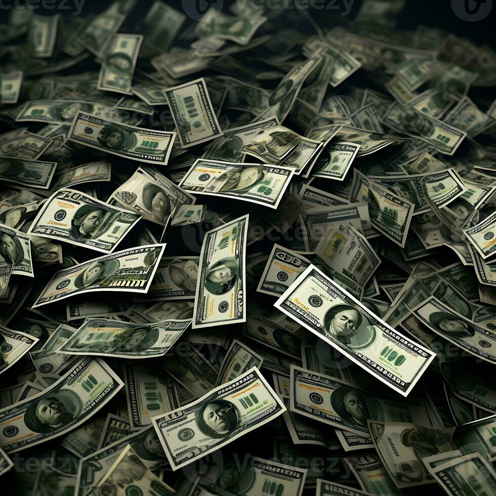 A man working laptop With a Hand dollar with many stacks of money photo