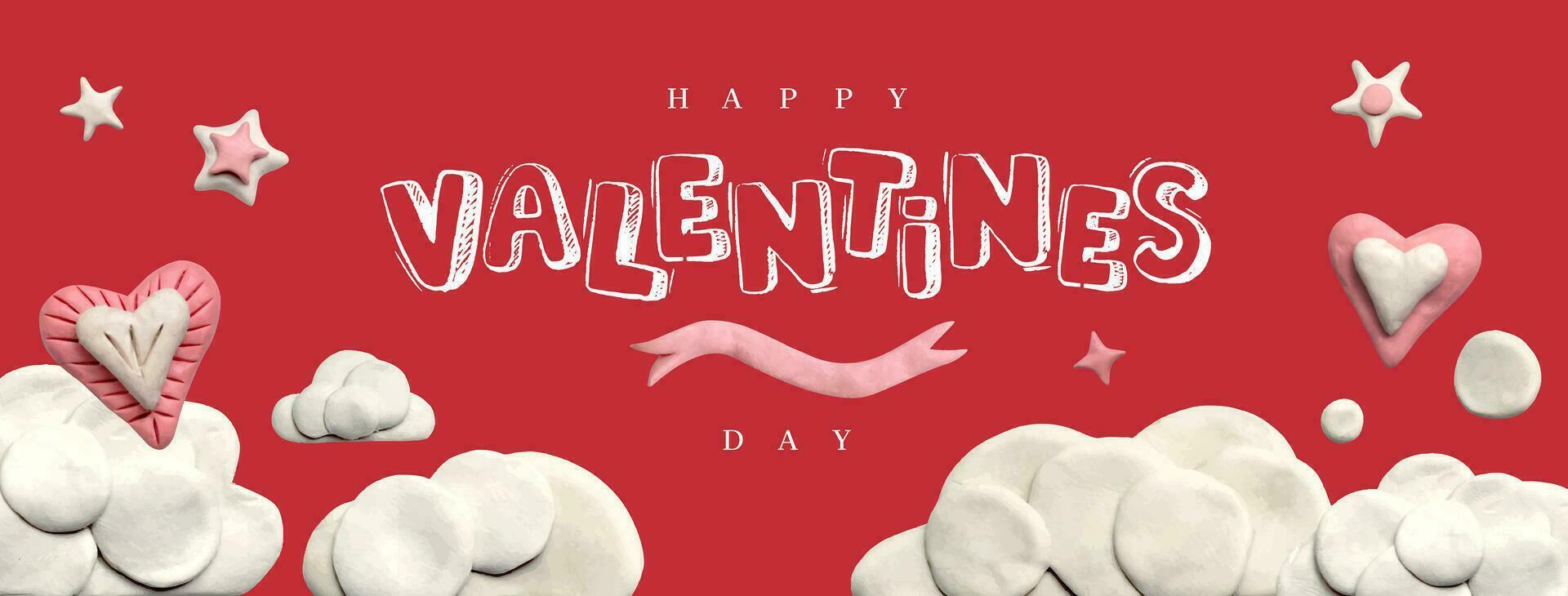 Poster or banner with clouds, stars and plasticine hearts on a red background. Promotion and shopping template or background for love and valentine's day concept. 3D illustration, cute dough shape. vector