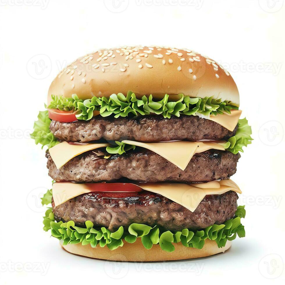 Double hamburger isolated on white background Fresh burger fast food with beef and cream cheese. AI Generative photo