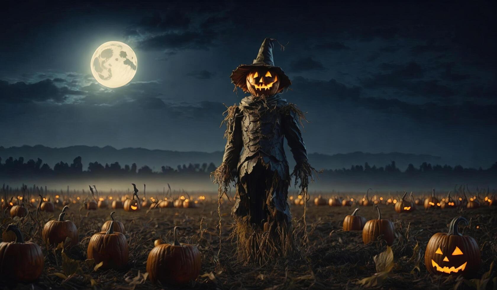 Halloween pumpkin scarecrow on a wide field with the moon. AI Generative. photo