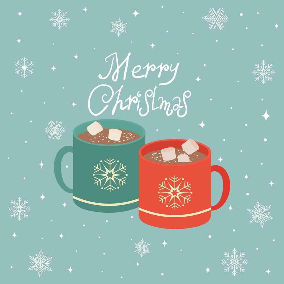 Christmas mugs with hot cocoa or coffee, creamer, Can be used for greeting cards, party invitations, posters or stickers. Vector