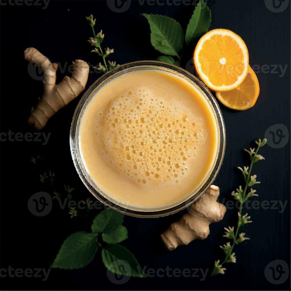 lemon and ginger smoothie in a glas from a top view photo