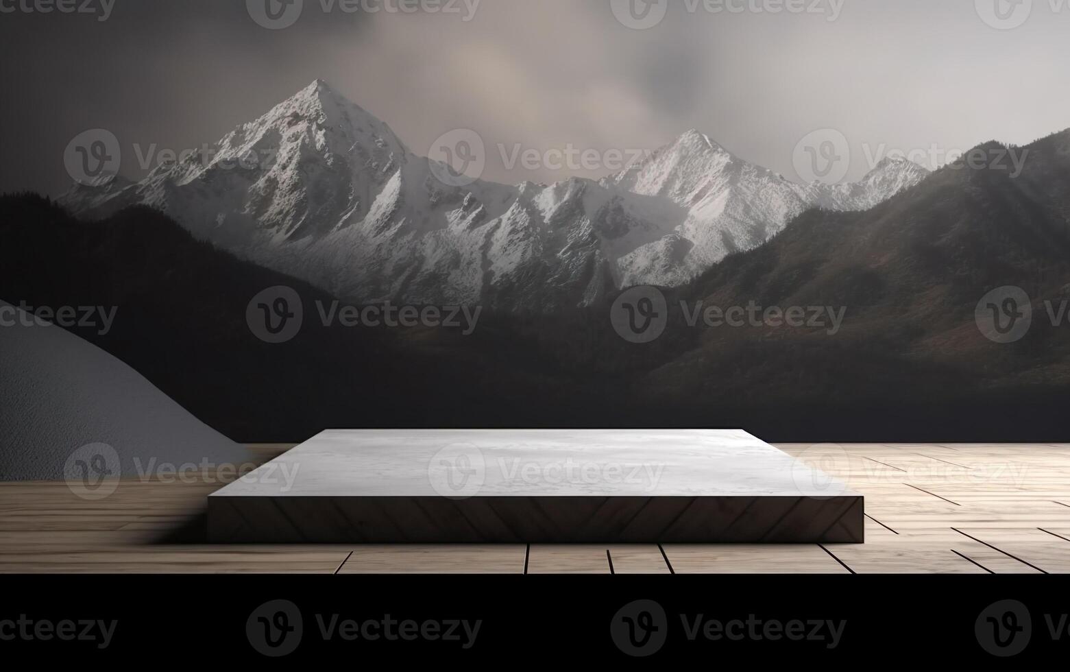 3d background product display podium scene with cube stand concept. Wooden floor. Mountains background, beauty skincare technology products display, photo