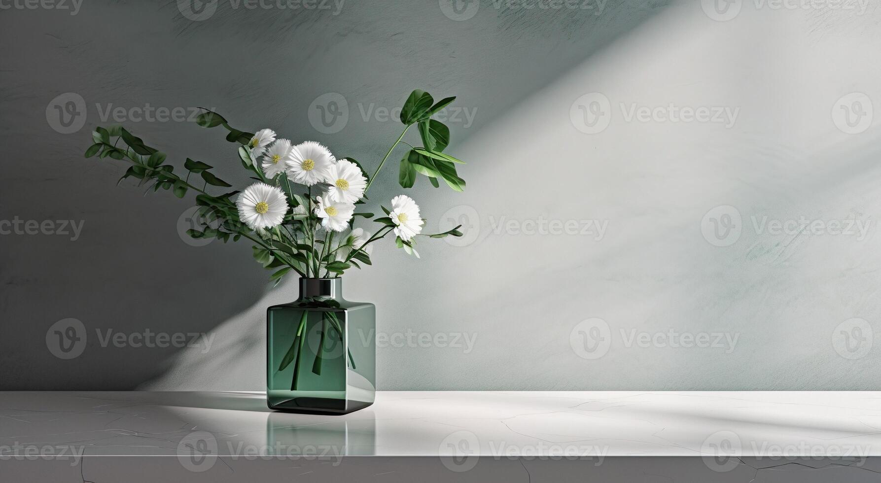Modern glass vase with cherry flowers in sunlight from window on gray wall, shadow on white marble floor for decoration, luxury cosmetic, skincare, beauty product background display, photo