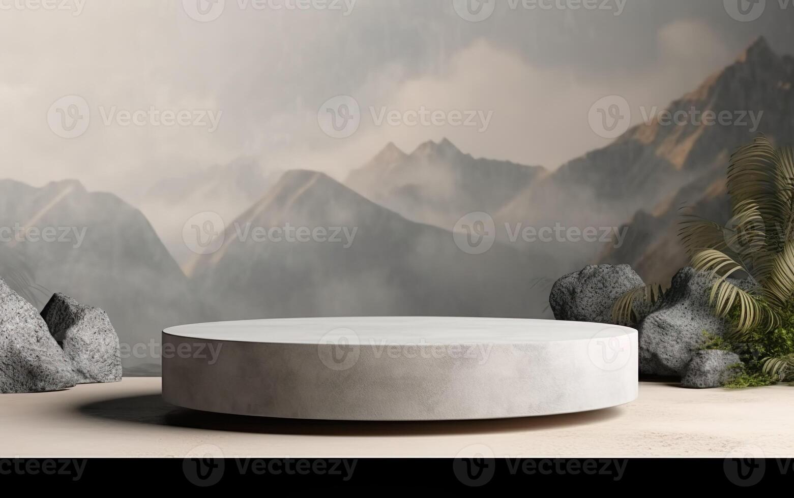 3d background product display podium scene with concrete cylinder stand concept. Green foggy forest with mountains background, beauty skincare technology products display, photo