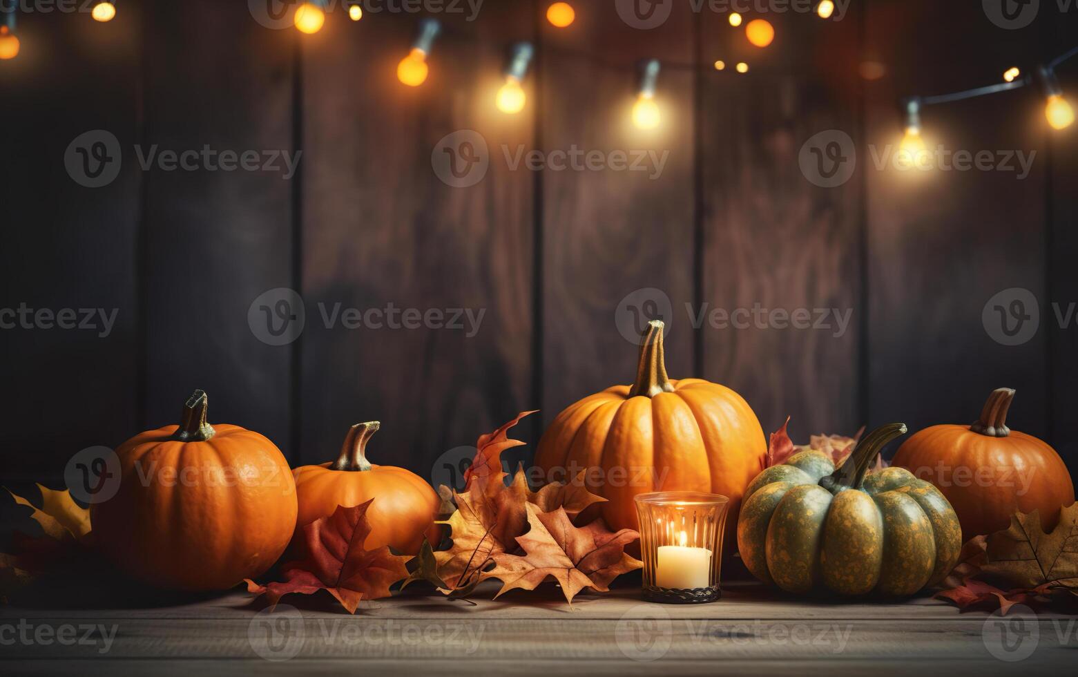 Autumn pumpkin with candles, maple leaves, garland with light bulbs on dark bokeh lights blue background with copy space. Wooden table. Halloween concept. Happy Thanksgiving. photo