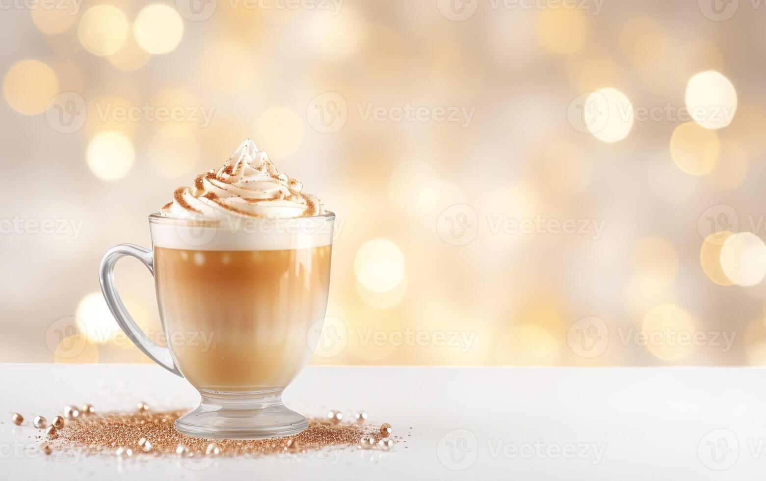 cup of latte with cinnamon and whipped cream, blurred, sparkling white background with beautiful bokeh, light orange gold, festive atmosphere, powder and glitter on the table. photo