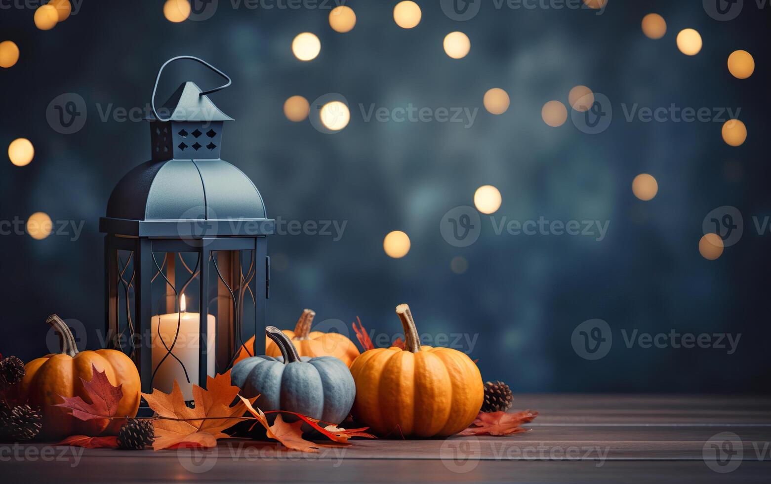 Blue lantern with burning candle on wooden floor decorated in autumnal style, pumpkins, maple leaves. Blurred bokeh lights. Concept of autumn. Copy space. photo