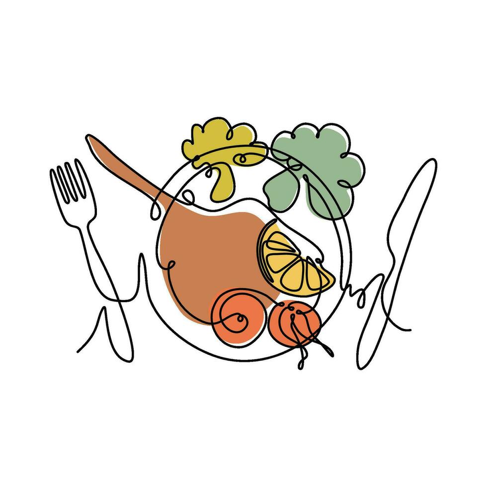 Dinner in line art style. Simplified image of Italian dish. Prepared beef meat, tomato, lemon, broccoli on a plate, Outline vector illustration.