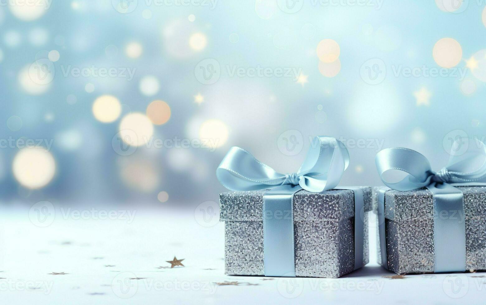 cerca arriba de plata regalo cajas con azul dorado arco etiqueta terminado borroso bokeh antecedentes con luces. Navidad estrellas decoración. saludo festivo imagen. Copiar espacio. ai generado foto