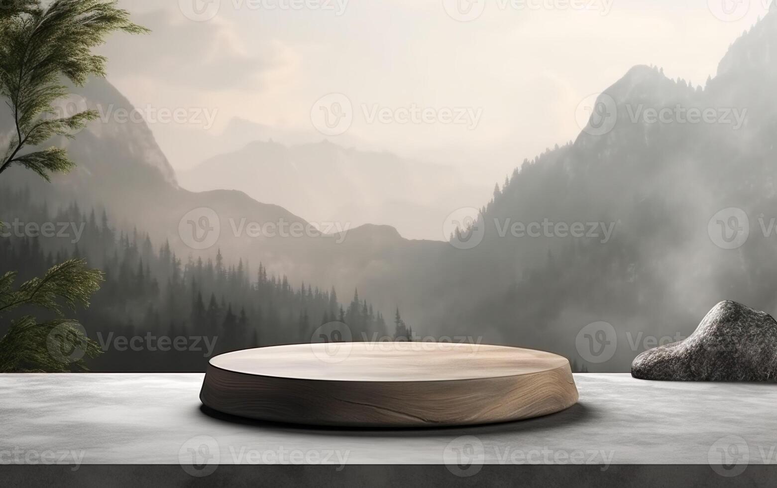 3d background product display podium scene with wooden cylinder stand concept. Green foggy forest mountains background, beauty skincare technology products display, photo