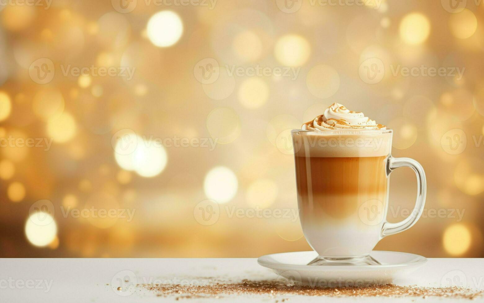 cup of latte with cinnamon and whipped cream on a white plate, blurred sparkling gold background with beautiful bokeh, festive atmosphere, cinnamon powder and glitter on the table. AI Generative photo