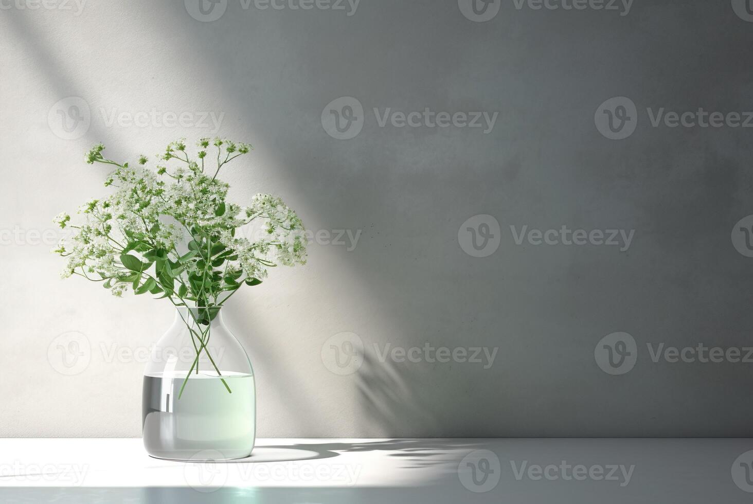Modern glass vase with flowers in sunlight from window on gray wall, shadow on white marble floor for decoration, luxury cosmetic, skincare, beauty product background display, photo